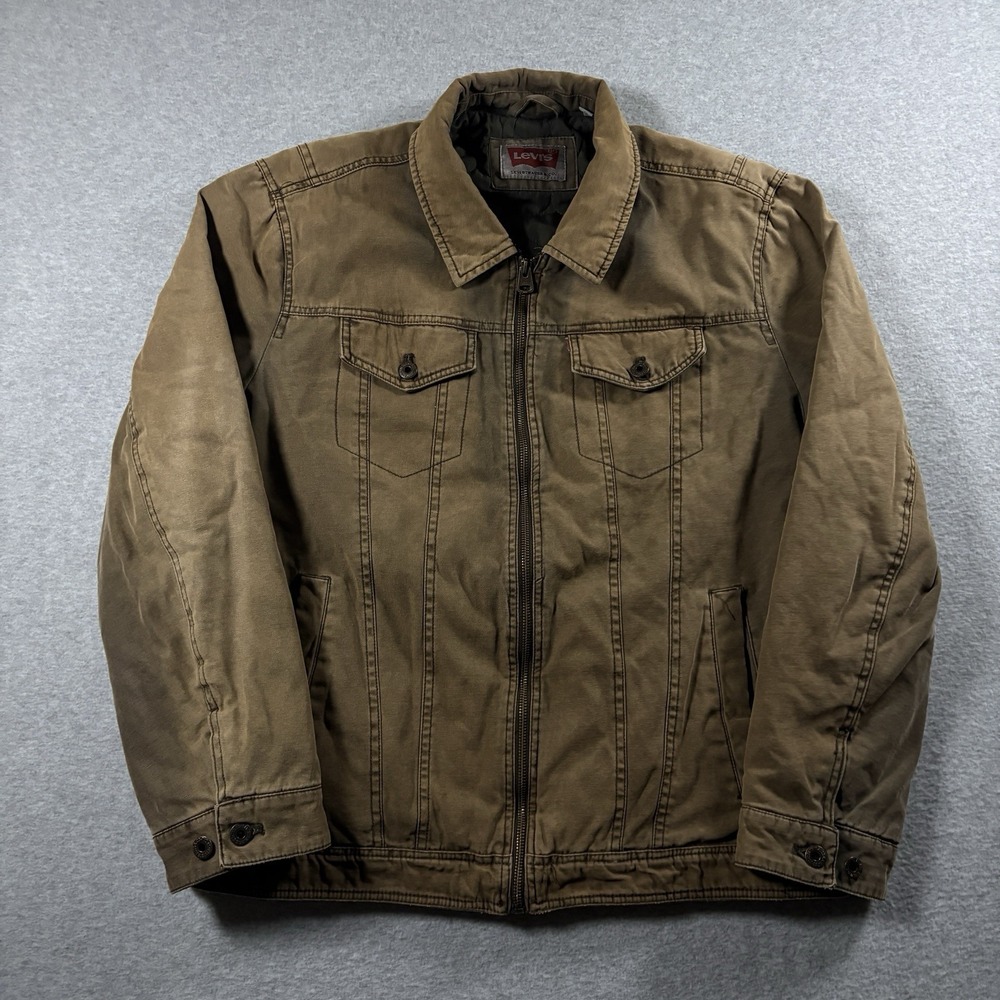 Levis Mens XL Brown Duck Canvas Workwear Jacket Quilted Lined Full Zip Trucker